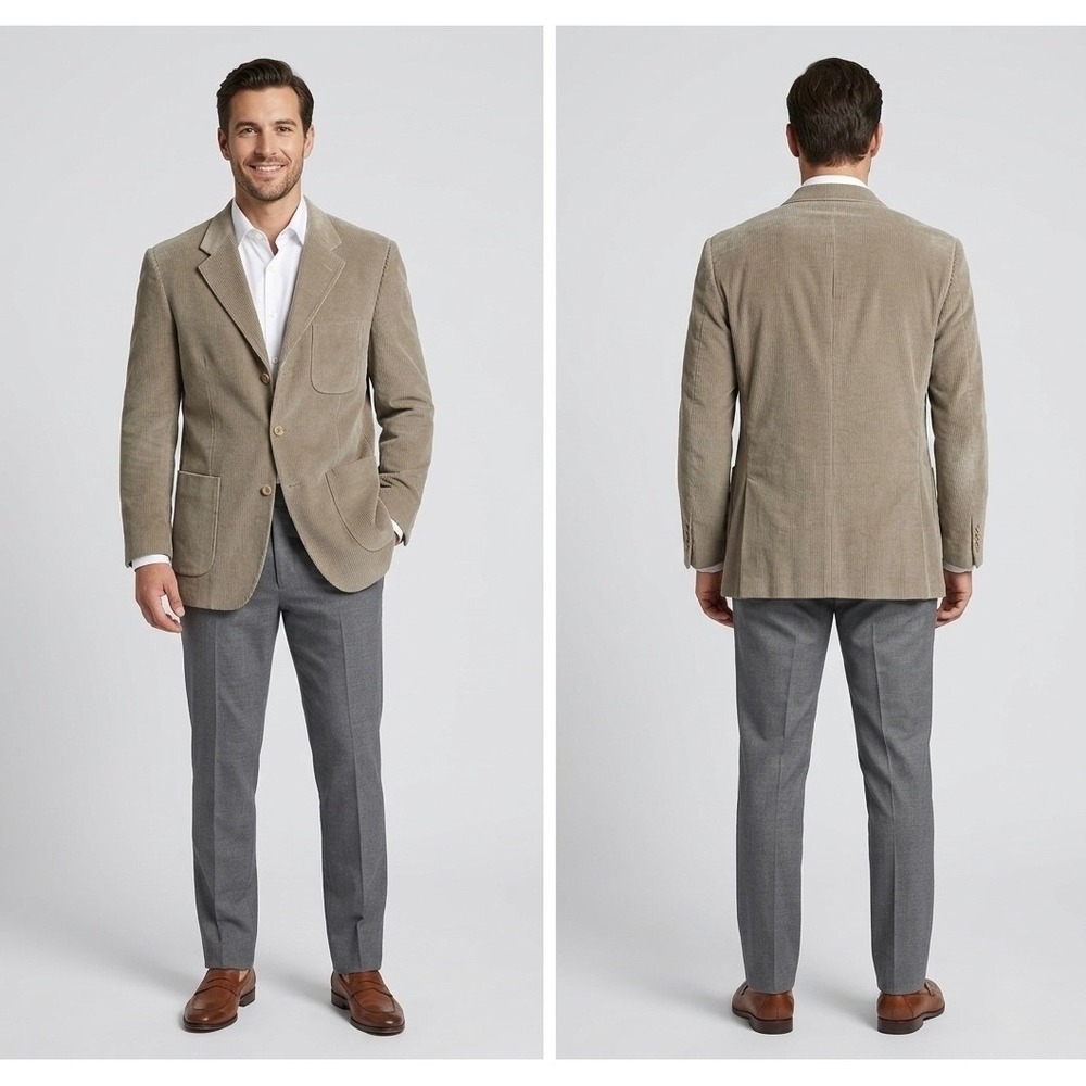 Arturo Calle Mens 40R Corduroy Blazer Sport Coat Tan Beige 3 Button Patch Pocket